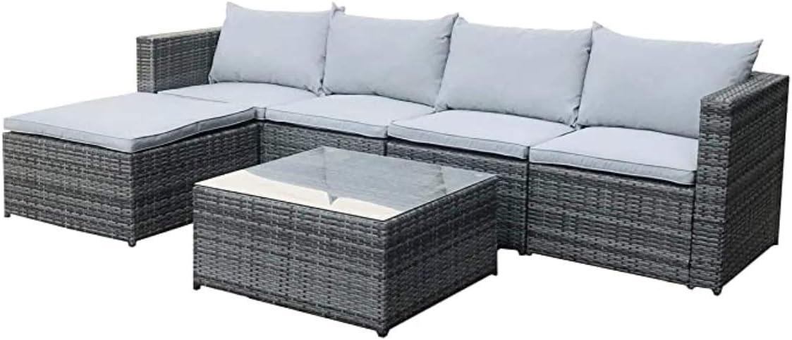 EVRE Rattan Outdoor Garden Furniture Set Miami Sofa Coffee Table, Foot Stool Rattan