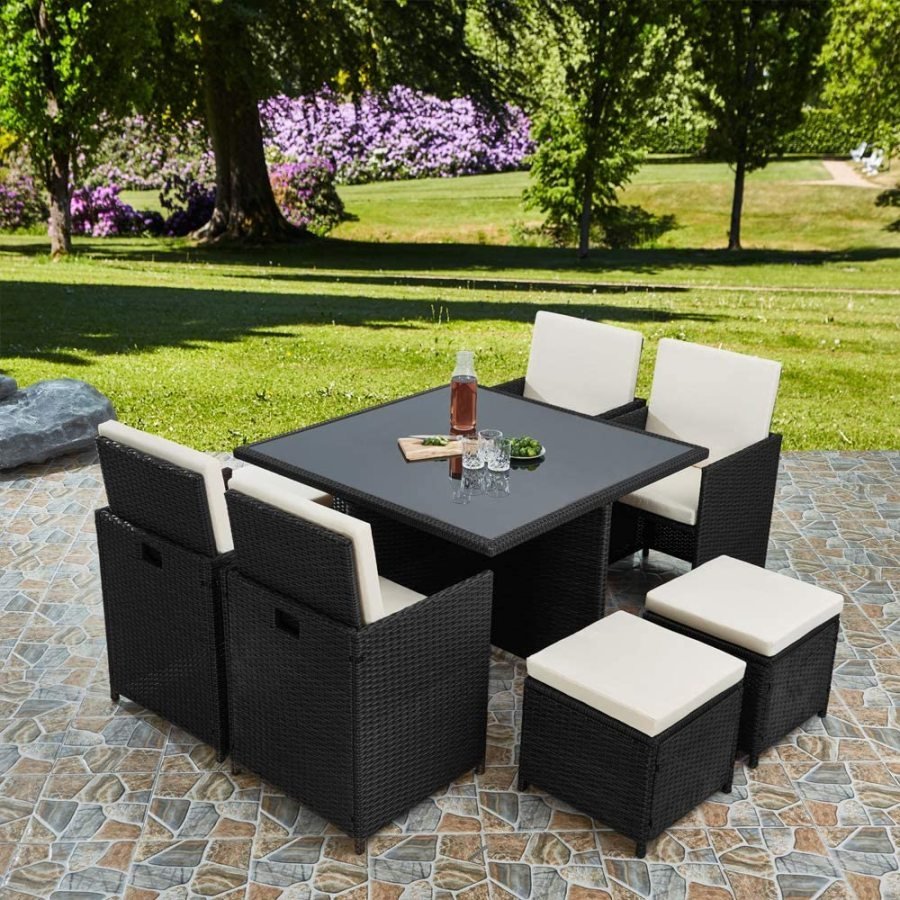 RayGar Deluxe 9 Piece 8 Seater Rattan Cube Dining Table Garden Furniture Patio Set (Grey/Black)