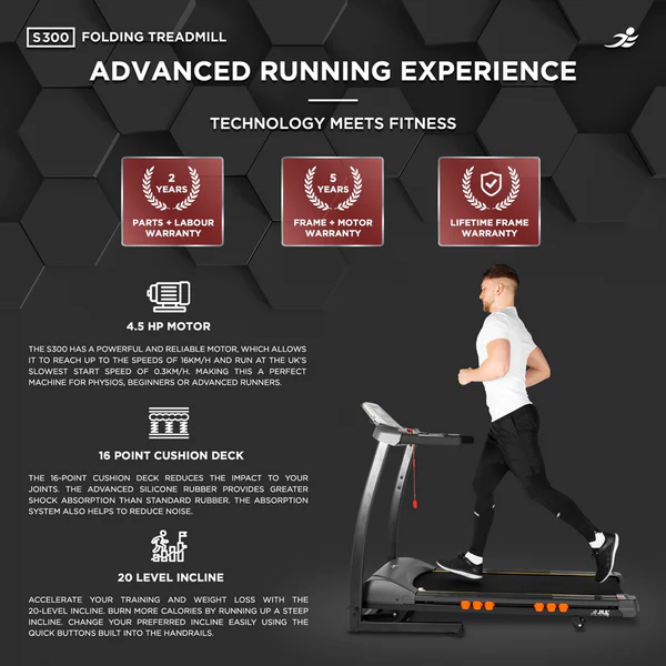 JLL S300 Folding Home Treadmill - 4.5HP Motor, 20 Incline Levels, 0.3km/h - 16km/h Speed Range. Digital Home Running Machine