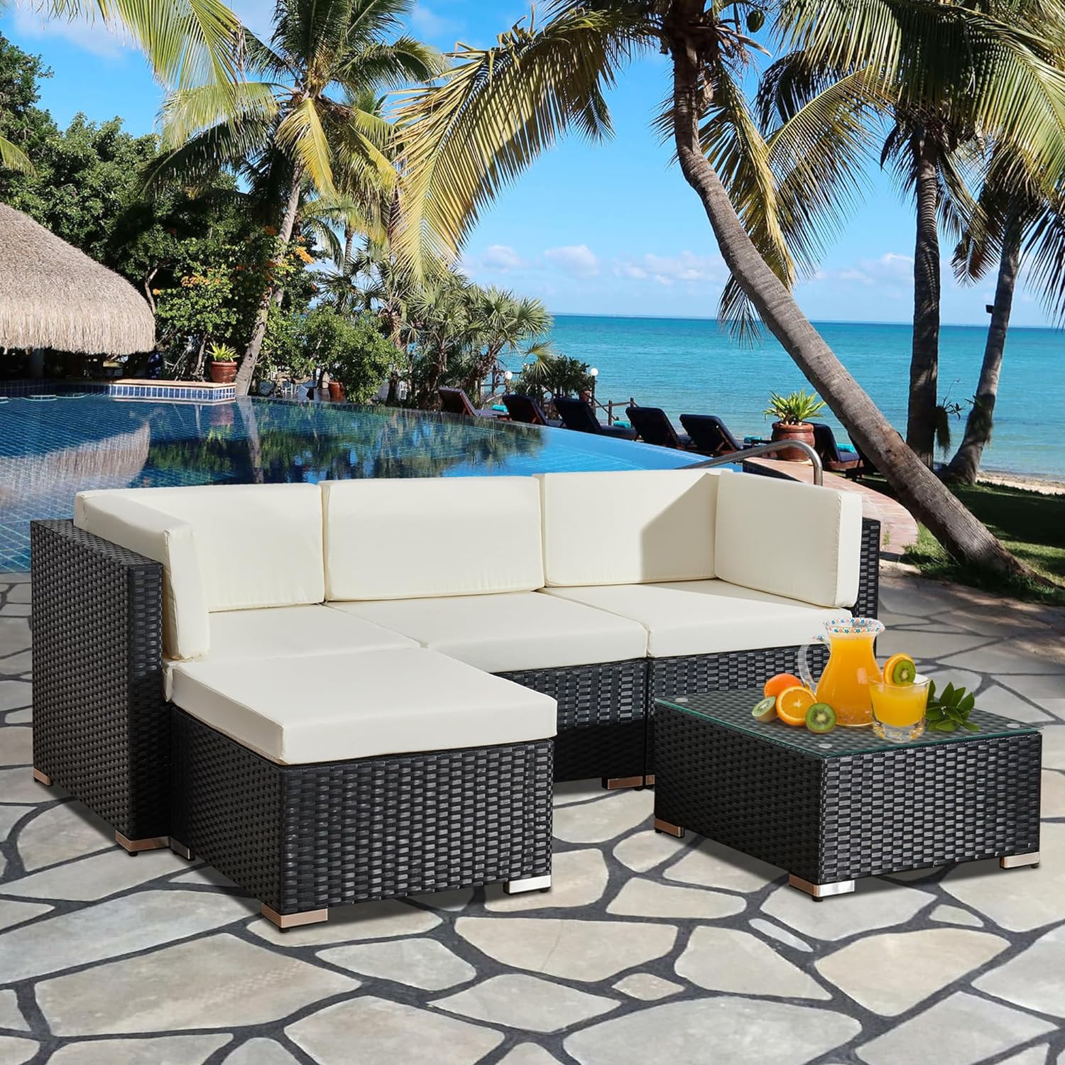 Aweather 5 Piece Rattan Garden Furniture Outdoor Rattan Corner Sofa Set, With Glass Coffee Table, for Garden, Poolside, Backyard