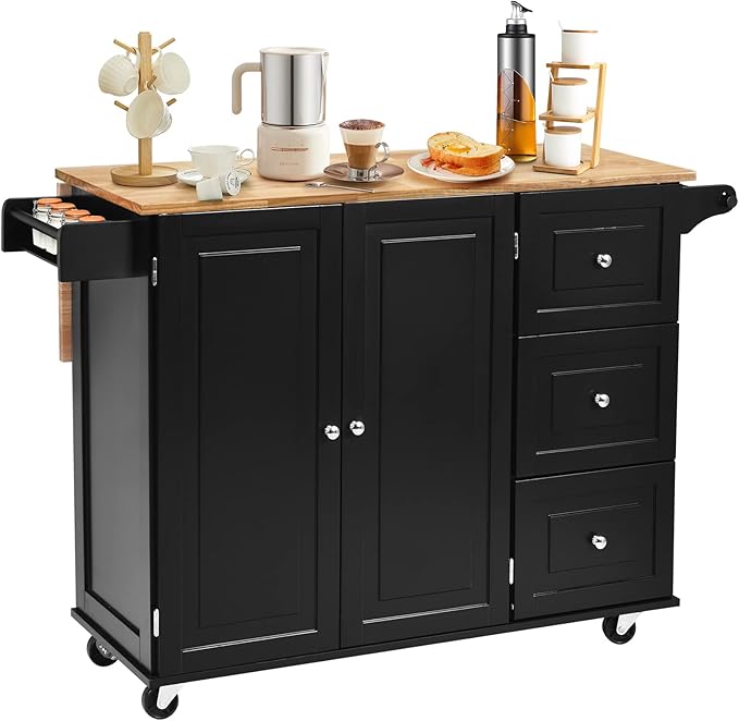 COS TWAY Kitchen Island Trolley on Wheels with Double Door Cabinet, 3 Drawers and Towel/Spice Rack, Utility Cabinet with Deciduous Rubber Wood Top and Adjustable Shelves, Suitable for Home Kitchen, Dining Room (Black)