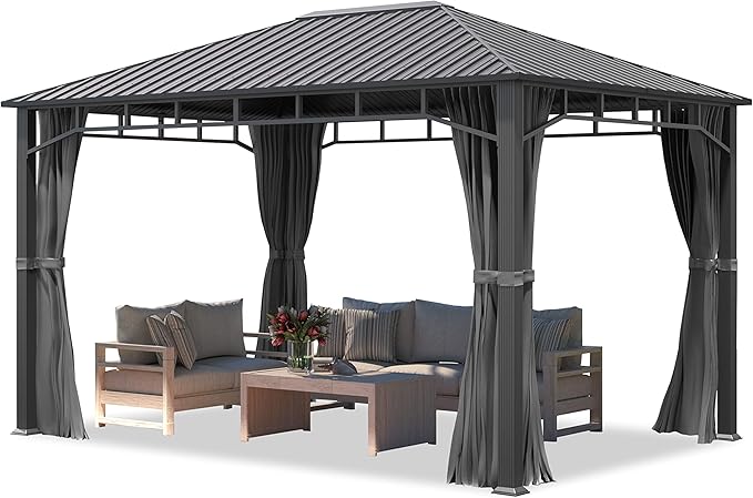 TOOLPORT Garden gazebo 3x4 m hardtop steel roof, 4 side panels in grey, poles 9x9cm