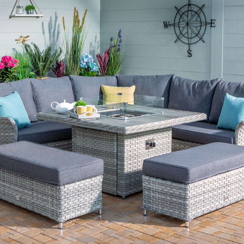 Hartman Heritage Grand Square Tuscan Casual Dining Set with Fire Pit Table – Ash/Slate