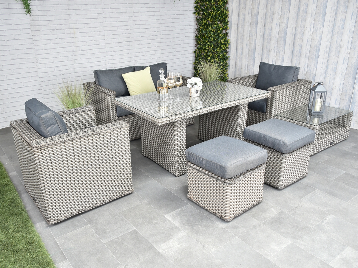 Bahia Sofa Dining Rattan Furniture Set - Whitewash Grey