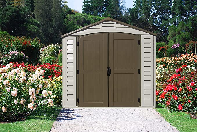 Duramax DuraPlus 8’ x 8’ Plastic Garden Storage Shed | Adobe & Brown| Fire Retardant & All-Weather Outdoor Solution | Store Bikes, Tools, BBQ & Home Gym| Strong Structure & Maintenance-Free Vinyl Shed