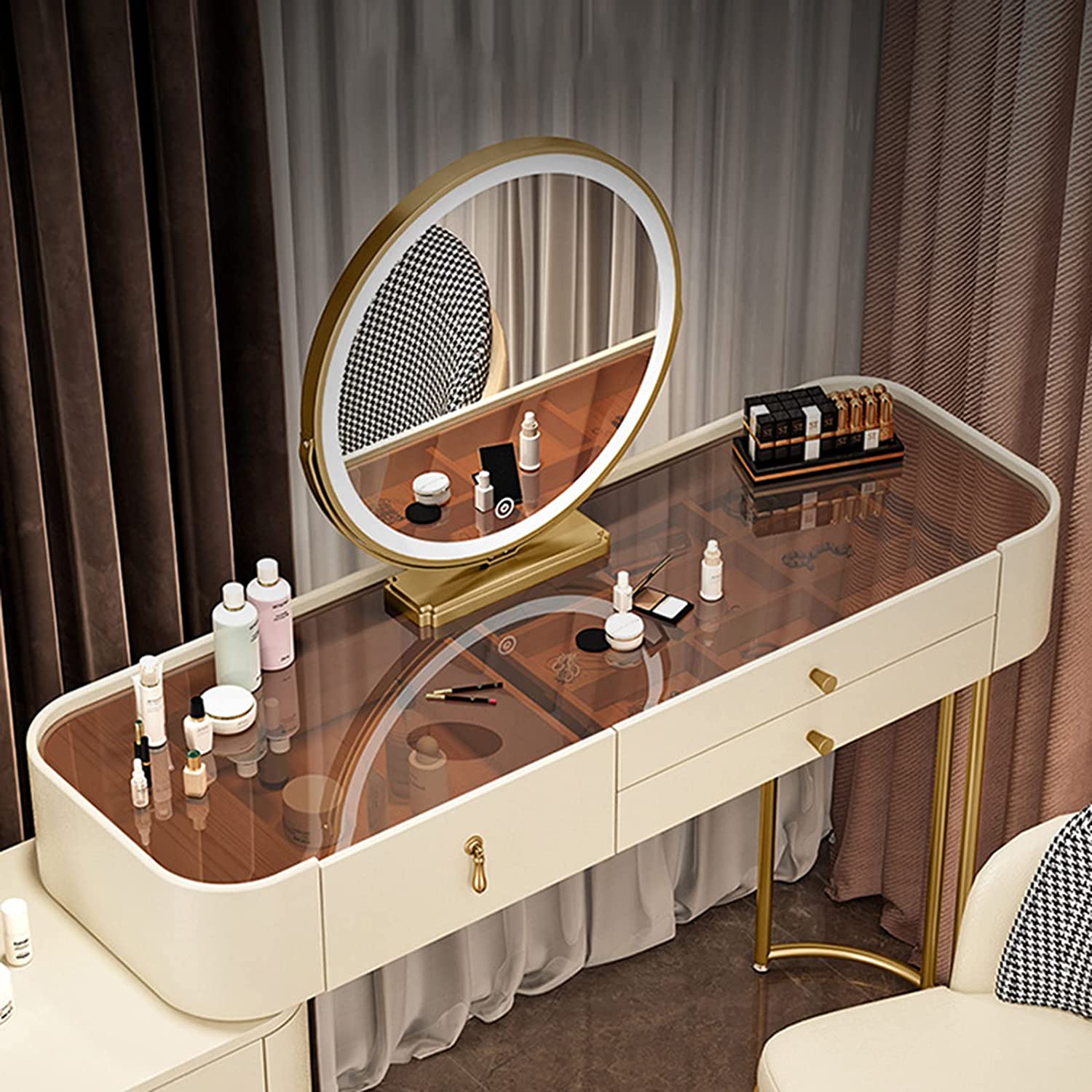 【Furniture】【BS】Nordic Dressing Table with Mirror, Stool & 3 Light Effect LED Mirrors, Golden Iron Dresser