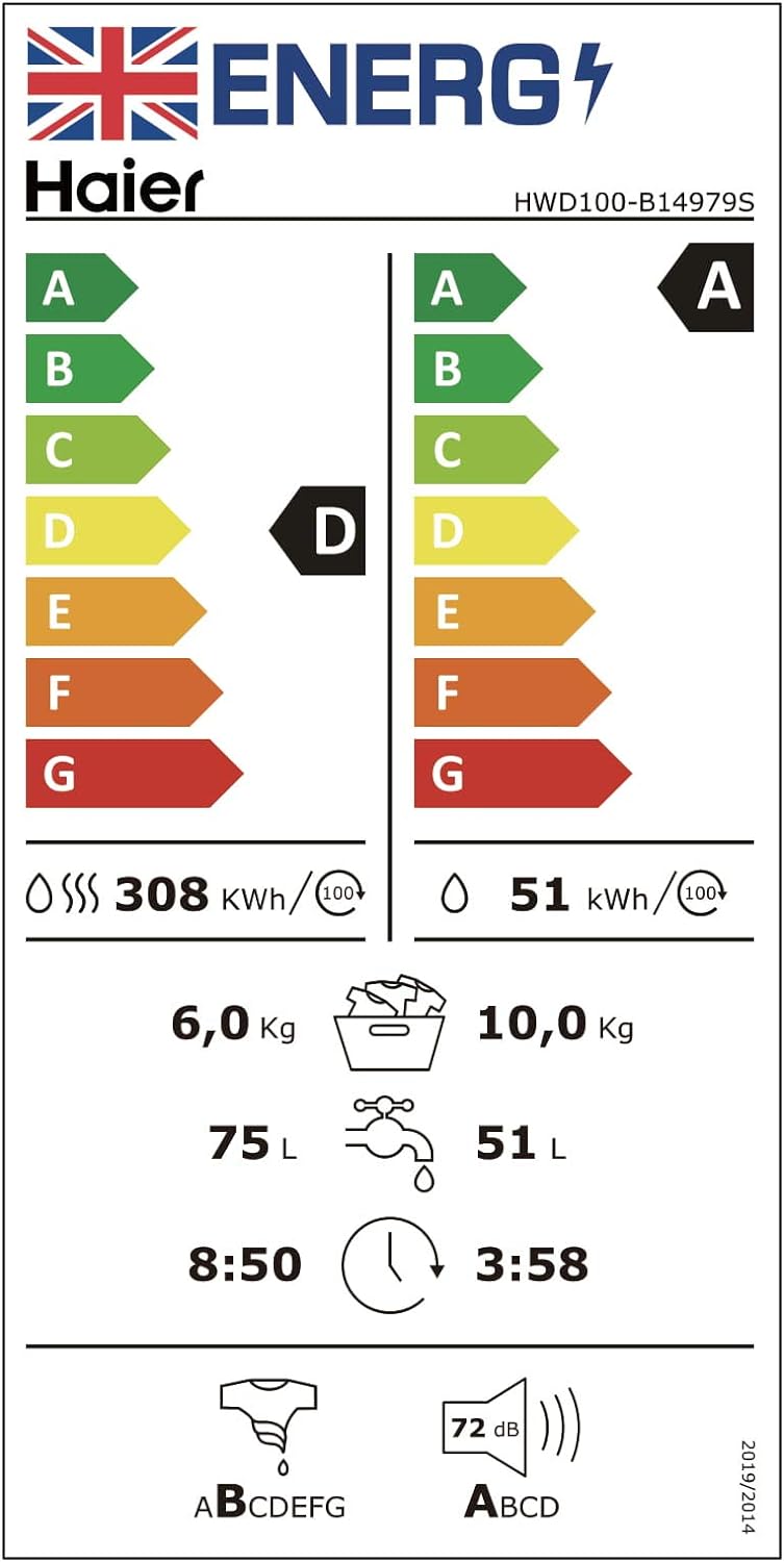 Haier HWD100-B14979S Freestanding Washer Dryer, Direct Motion and LED Display, 1400RPM 10kg/6kg Load, Graphite [Energy Class D]