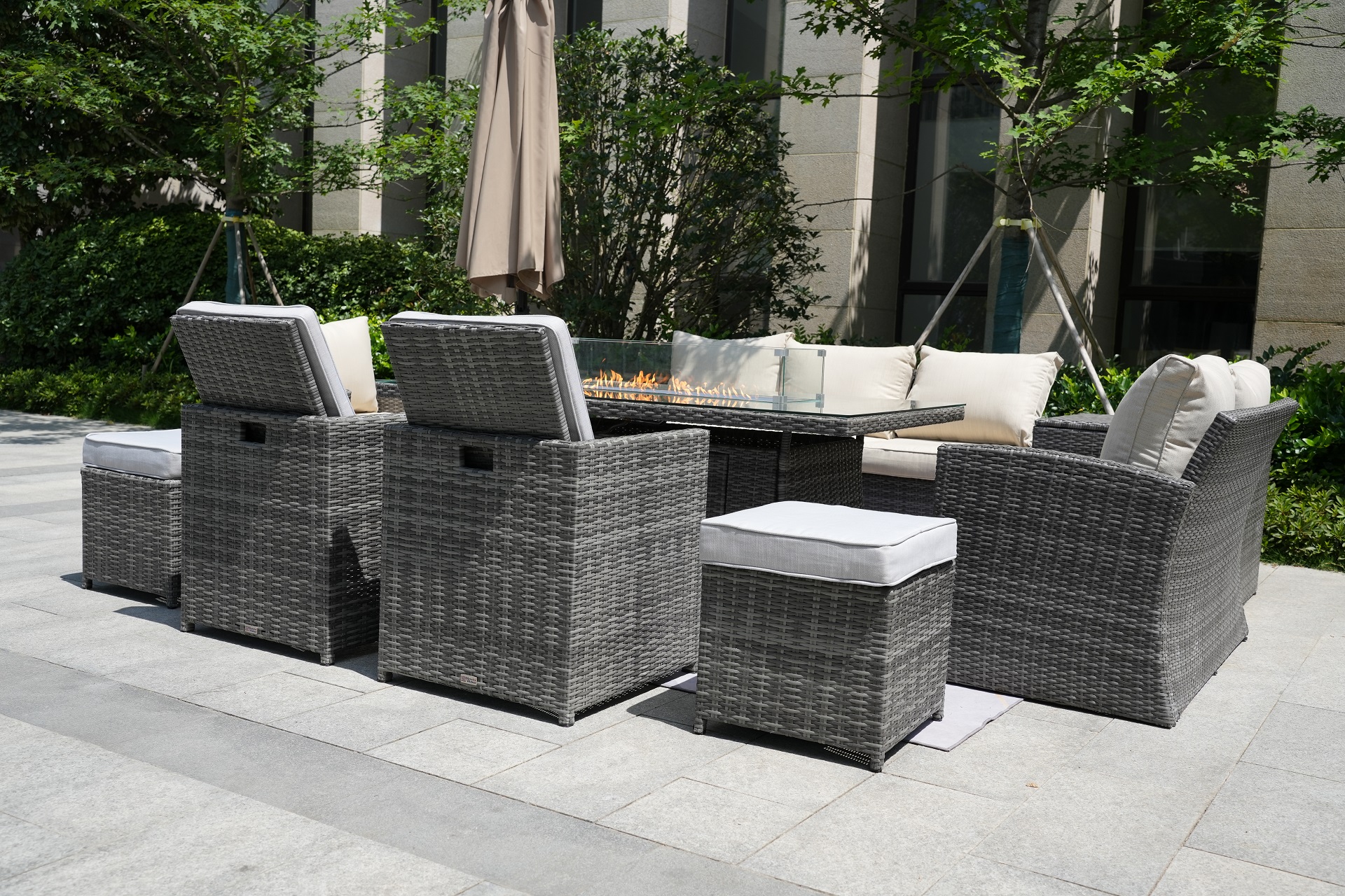 Wicker Patio Gray Wicker Conversational Seating Set with Rectangular Glass Fire Pit Table and Back Chair (Patio Set Option)