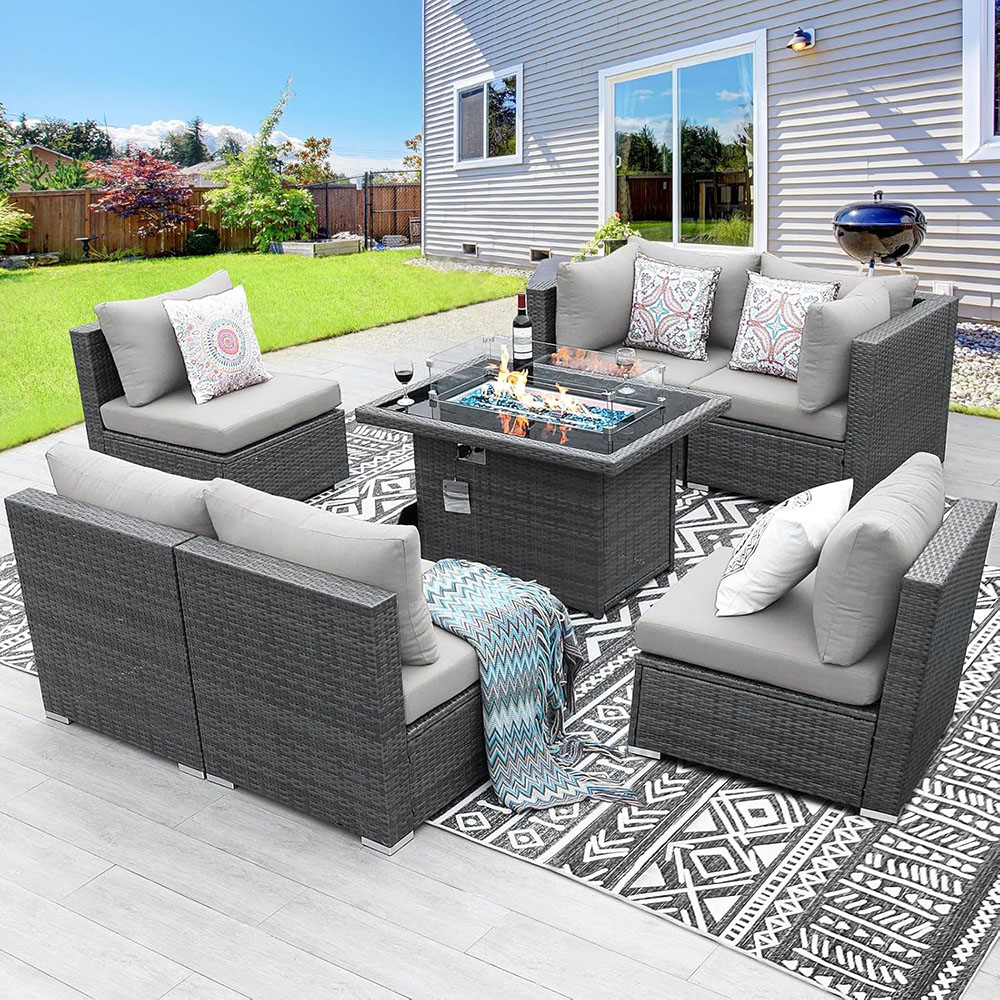 BULEXYARD Grey PE Wicker Patio Furniture Sectional Conversation Sofa Set